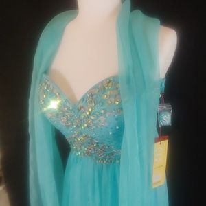 Aqua crystal beaded bodice with shawl